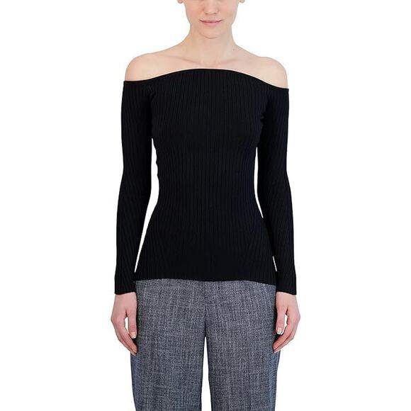 BCBGMaxazria Sweater Womens Extra Small Black Ribbed Off The Shoulder Pullover - Picture 12 of 13